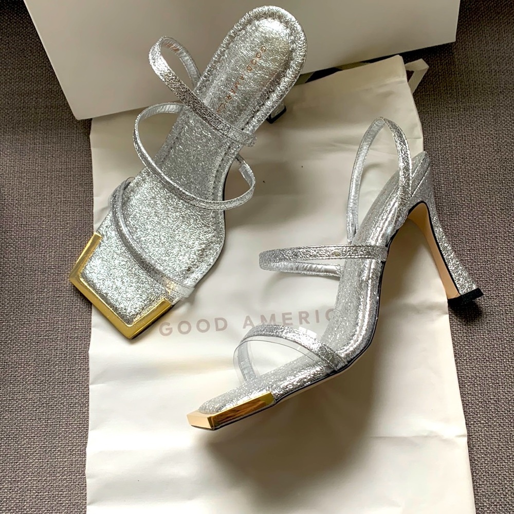 Good American Standout Square Toe Slingback Heel Sandal in Silver crackle Size 9